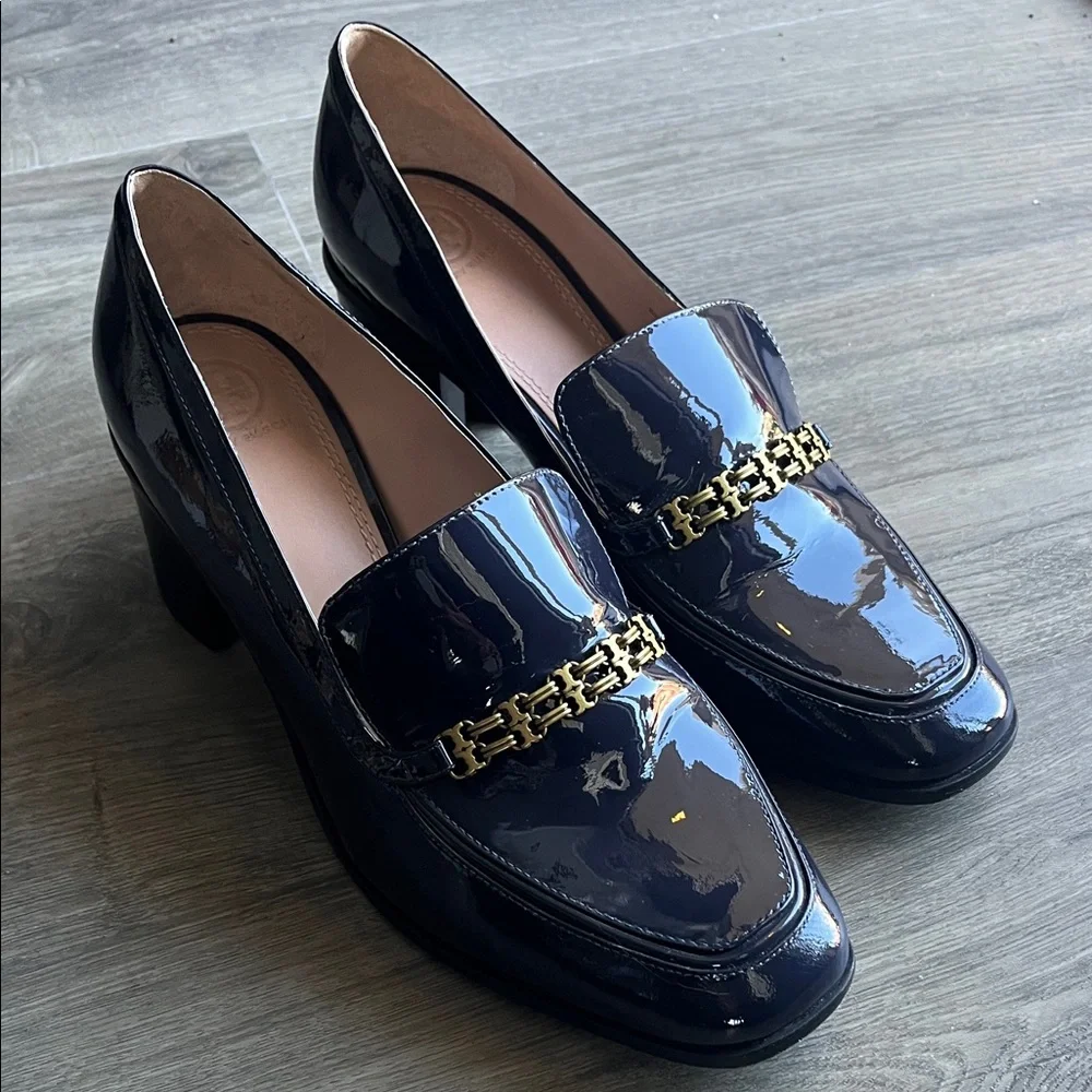 Tory Burch Navy Gemini Link Patent Mid Heel Loafers